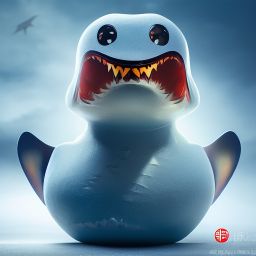 duck #431 | A fierce blend of shark and rubber duck, large eyes, menacing, professional majestic oil painting, 3d render, cgi