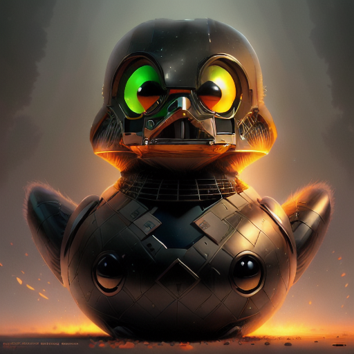 duck #874 | A goofy surprised black blend of duck and droid dressed like a fighter, fantasy movie setting, lotr, metallic, Bastien Lecouffe Deharme, Gary Panter, 3d fluffy, closeup cute and adorable