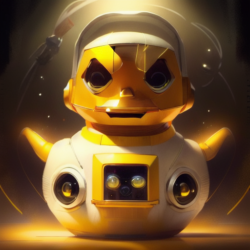 duck #855 | A serious sad yellow blend of duck and robot dressed like a astronaut, horror movie style, wooden, Ross Tran, Rose O’Neill, masterpiece, colorful, painting burst, dramatic lighting, tone mapped