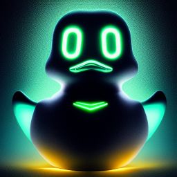 duck #605 | A futuristic robotic duckling, sleek and metallic, equipped with advanced technology, neon lights illuminating its body, hovering above the ground, set against a futuristic cityscape