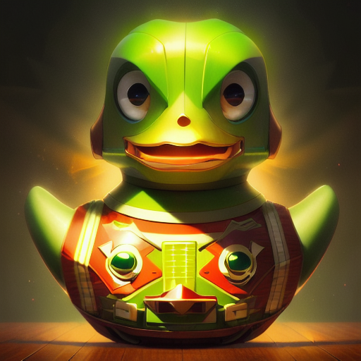 duck #864 | A awkward joyful green blend of duck and robot dressed like a firefighter, horror movie style, wooden, Peter Mohrbacher, Matt Groening, ferocious head, angry eyes, football team emblem logo