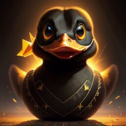 duck #939 | A crazy disgusted black blend of duck and duckling dressed like a bodyguard, horror movie style, slimey, David Revoy, Seth MacFarlane, masterpiece, colorful, painting burst, dramatic lighting