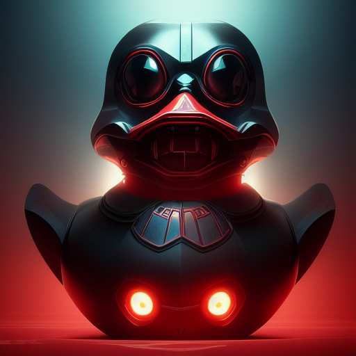 duck #134 | Photo of a blend of droid, rubber ducky and duckling as king with red reflections in eyes, cyberpunk cyborg, sci - fi, intricate abstract upper body intricate artwork, by tooth wu, wlop, beeple