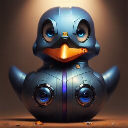 duck #940 | A simple pensive purple blend of duck and statue dressed like a janitor, sci-fi, science fiction, cyberpunk, glossy, Bastien Lecouffe Deharme, Richard Williams, masterpiece, colorful