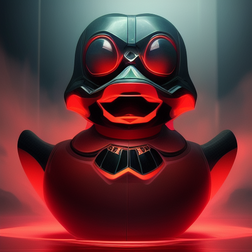 duck #28 | Photo of a blend of alien, rubber ducky and duckling as king with red reflections in eyes, cyberpunk cyborg, sci - fi, intricate abstract upper body intricate artwork, by tooth wu, wlop, beeple