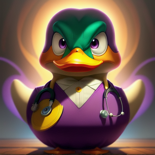 duck #735 | A cute angry purple blend of duck, duck and maid dressed like a doctor, fantasy movie setting, lotr, slimey, Alexander Jansson, Seth MacFarlane, masterpiece, colorful, painting burst