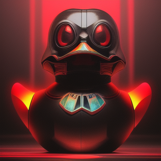 duck #132 | Photo of a blend of droid, rubber ducky and duckling as king with red reflections in eyes, cyberpunk cyborg, sci - fi, intricate abstract upper body intricate artwork, by tooth wu, wlop, beeple