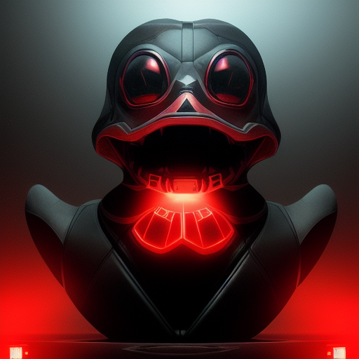 duck #29 | Photo of a blend of alien, rubber ducky and duckling as king with red reflections in eyes, cyberpunk cyborg, sci - fi, intricate abstract upper body intricate artwork, by tooth wu, wlop, beeple