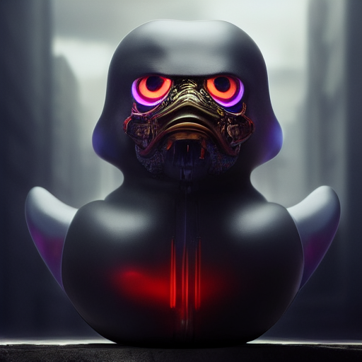 duck #407 | A angry looking blend of bird and rubber duck, large eyes, menacing look, professional majestic oil painting, 3d render, cgi, cyberpunk cyborg, sci - fi