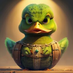 duck #808 | A elegant angry green blend of duck and creature dressed like a merchant, horror movie style, feathery, Charles Csuri, Bill Watterson, ferocious head, angry eyes, football team emblem logo, 2d flat