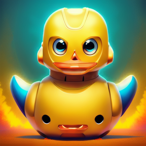 duck #743 | A cute curious yellow blend of duck and robot, from an action movie, shiny, Loish, Mitsuru Adachi, ferocious head, angry eyes, football team emblem logo, 2d flat, centered