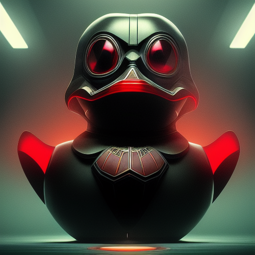 duck #143 | Photo of a blend of droid, rubber ducky and duckling as king with red reflections in eyes, cyberpunk cyborg, sci - fi, intricate abstract upper body intricate artwork, by tooth wu, wlop, beeple