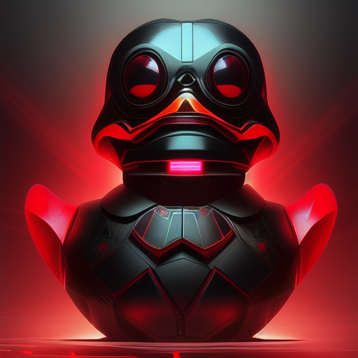 duck #113 | Photo of a blend of droid, rubber ducky and duckling as king with red reflections in eyes, cyberpunk cyborg, sci - fi, intricate abstract upper body intricate artwork, by tooth wu, wlop, beeple