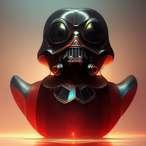 duck #75 | Photo of a blend of darth vader, droid, rubber ducky and duckling as king with red reflections in eyes, cyberpunk cyborg, sci - fi, intricate abstract upper body intricate artwork, by tooth wu, wlop