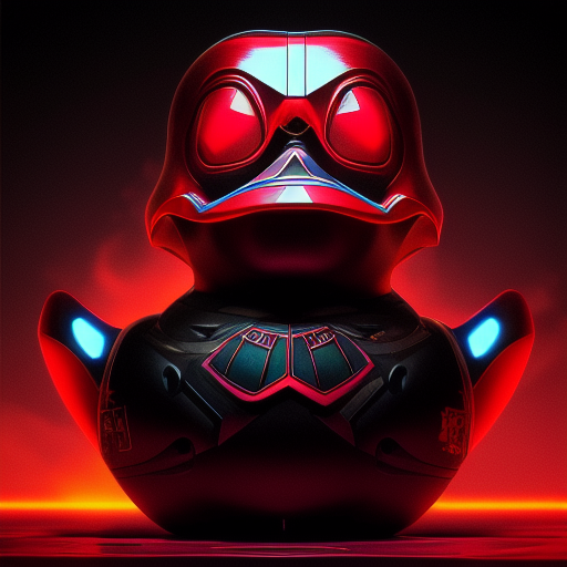 duck #9 | Photo of a blend of alien, rubber ducky and duckling as king with red reflections in eyes, cyberpunk cyborg, sci - fi, intricate abstract upper body intricate artwork, by tooth wu, wlop, beeple