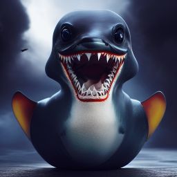 duck #430 | A fierce blend of shark and rubber duck with shark teeth, large eyes, menacing, professional majestic oil painting, 3d render, cgi