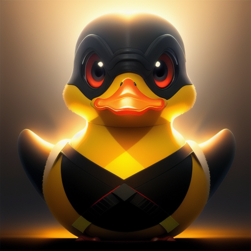 duck #768 | A mysterious pensive rainbow blend of duck and duckling dressed like a ninja, sci-fi, science fiction, cyberpunk, slimey, Antoine Collignon, Rube Goldberg