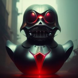 duck #97 | Photo of a blend of droid, rubber ducky and duckling as king with red reflections in eyes, cyberpunk cyborg, sci - fi, intricate abstract upper body intricate artwork, by tooth wu, wlop, beeple