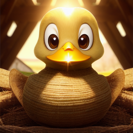 duck #608 | A mischievous duckling on a farm, surrounded by haystacks and barn animals, peeking out from behind a pile of hay, its bright eyes and playful expression capturing its spirited personality