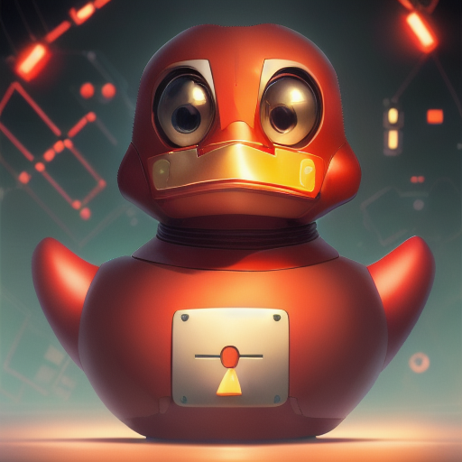 duck #904 | A gentle sad red blend of duck and robot dressed like a hacker, sci-fi, science fiction, cyberpunk, stone-like, Anna Dittmann, Rose O’Neill, 3d fluffy, closeup cute and adorable