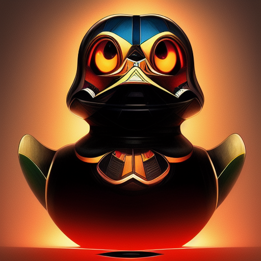 duck #191 | Photo of a blend of droid and rubber ducky, 2d ferocious head, vector illustration, angry eyes, football team emblem logo, 2d flat, centered, cosmic energy, colorful, painting burst