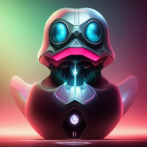 duck #156 | Photo of a blend of alien, rubber ducky and duckling as king with red reflections in eyes, cyberpunk cyborg, sci - fi, intricate abstract upper body intricate artwork, by tooth wu, wlop, beeple