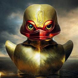 duck #427 | A fierce blend of knight and rubber duck, large eyes, menacing, professional majestic oil painting, 3d render, cgi