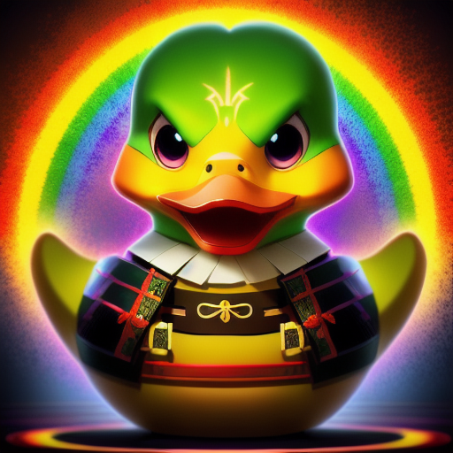 duck #806 | A fierce happy rainbow blend of duck and vampire dressed like a samurai, horror movie style, scaled, Loish, Thomas Nast, 3d fluffy, closeup cute and adorable, cute big circular reflective eyes