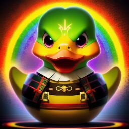 duck #806 | A fierce happy rainbow blend of duck and vampire dressed like a samurai, horror movie style, scaled, Loish, Thomas Nast, 3d fluffy, closeup cute and adorable, cute big circular reflective eyes