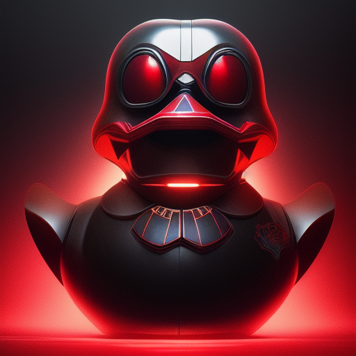 duck #114 | Photo of a blend of droid, rubber ducky and duckling as king with red reflections in eyes, cyberpunk cyborg, sci - fi, intricate abstract upper body intricate artwork, by tooth wu, wlop, beeple