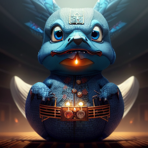 duck #748 | A quirky sad blue blend of duck and dragon dressed like a conductor, horror movie style, slimey, Peter Mohrbacher, Bill Peet, 3d fluffy, closeup cute and adorable, cute big circular reflective eyes