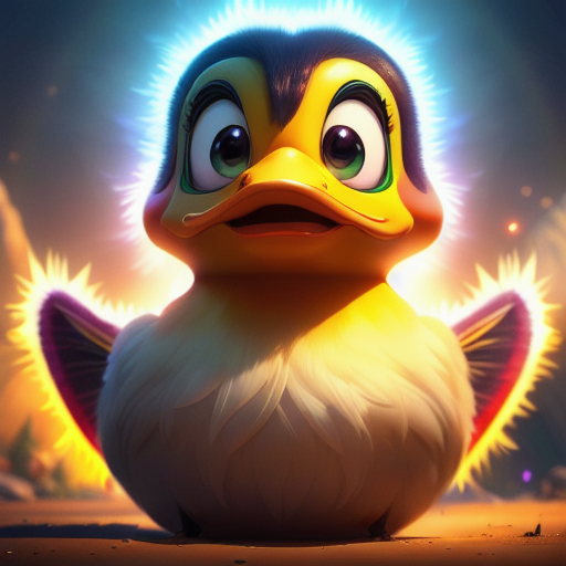 duck #943 | A energetic joyful rainbow blend of duck and fairy dressed like a caveman, sci-fi, science fiction, cyberpunk, glossy, Bastien Lecouffe Deharme, J. G. Quintel, 3d fluffy, closeup cute and adorable