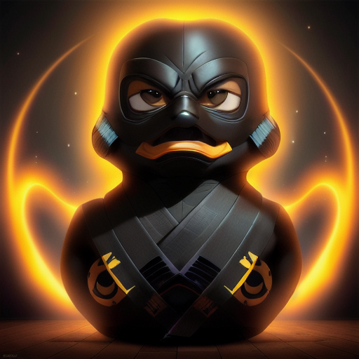 duck #947 | A gentle confident black blend of duck and statue dressed like a ninja, from an action movie, fluffy, Michael Vincent Manalo, Sergio Aragones, ferocious head, angry eyes, football team emblem logo