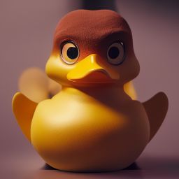 duck #399 | A menacing blend of duck and rubber duck, large eyes, menacing look, professional majestic oil painting, 3d render, cgi