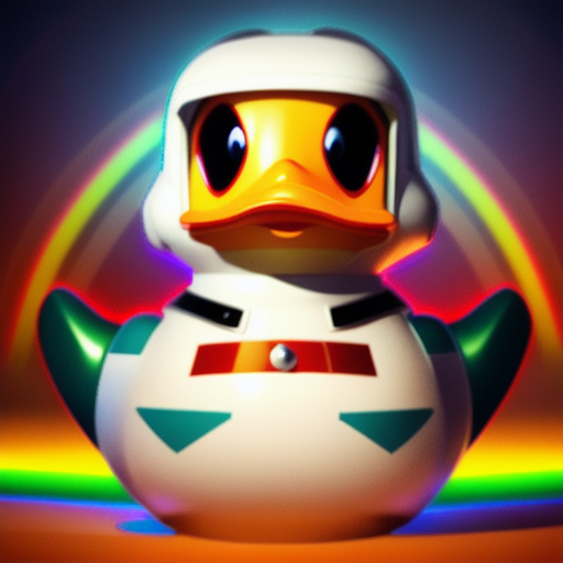 duck #731 | A sophisticated fearful rainbow duck, dressed like a astronaut, action movie setting, metallic, Kerem Beyit, Osamu Tezuka, masterpiece, colorful, unreal engine, cinematic, intricate detail