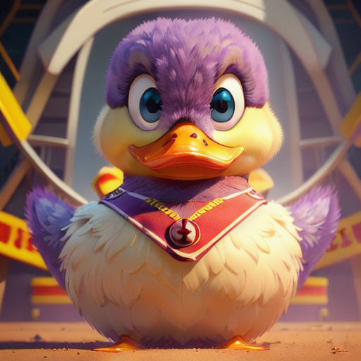 duck #797 | A extravagant sad purple blend of duck and alien duck dressed like a lifeguard, fantasy movie setting, lotr, scaled, Aykut Aydogdu, Alex Hirsch, 3d fluffy, closeup cute and adorable