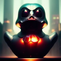 duck #73 | Photo of a blend of darth vader, droid, rubber ducky and duckling as king with red reflections in eyes, cyberpunk cyborg, sci - fi, intricate abstract upper body intricate artwork, by tooth wu, wlop