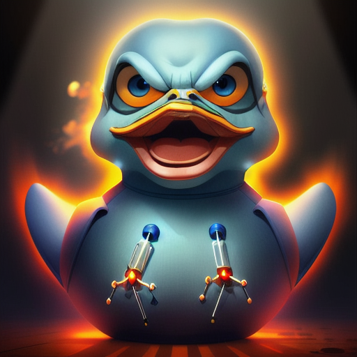 duck #887 | A crazy angry blue blend of duck and alien dressed like a chemist, horror movie style, slimey, Bastien Lecouffe Deharme, Charles Addams, ferocious head, angry eyes, football team emblem logo