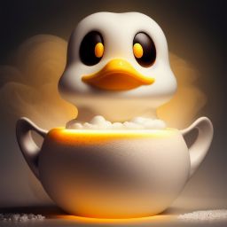 duck #613 | A whimsical rubber duckie floating on a cup of steaming hot cocoa, surrounded by fluffy marshmallows, conveying a cozy and comforting vibe, with soft lighting and rich, warm colors.