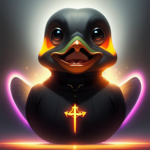 duck #838 | A quirky pensive black blend of duck and fairy dressed like a priest,from an action movie, feathery, Christian Schloe, Honor Daumier, cosmic energy, colorful, painting burst, symmetrical face