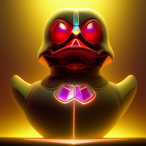 duck #155 | Photo of a blend of alien, rubber ducky and duckling as king with red reflections in eyes, cyberpunk cyborg, sci - fi, intricate abstract upper body intricate artwork, by tooth wu, wlop, beeple