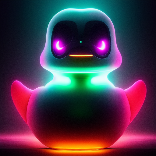 duck #602 | A futuristic robotic duckling, sleek and metallic, equipped with advanced technology, neon lights illuminating its body, hovering above the ground, set against a futuristic cityscape