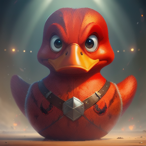 duck #830 | A friendly happy red blend of duck and creature dressed like a politician, fantasy movie setting, lotr, shiny, Bastien Lecouffe Deharme, Quentin Blake, ferocious head, angry eyes