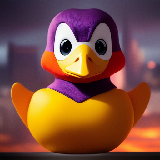 duck #604 | An adorable baby duckling dressed as a superhero, complete with a cape and a mask, ready to save the day, standing proudly on a skyscraper rooftop, overlooking a bustling city