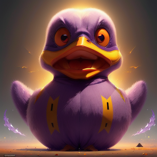 duck #989 | A traditional fearful purple blend of duck and creature dressed like a terrorist, from an adventure movie, smooth, Bastien Lecouffe Deharme, Tex Avery, ferocious head, angry eyes