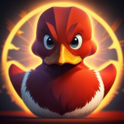 duck #929 | A simple disgusted red blend of duck and duck dressed like a janitor, from an adventure movie, feathery, Antoine Collignon, Bill Watterson, ferocious head, angry eyes, football team emblem logo