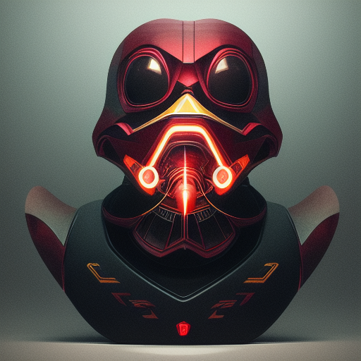 duck #115 | Photo of a blend of droid, rubber ducky and duckling as king with red reflections in eyes, cyberpunk cyborg, sci - fi, intricate abstract upper body intricate artwork, by tooth wu, wlop, beeple