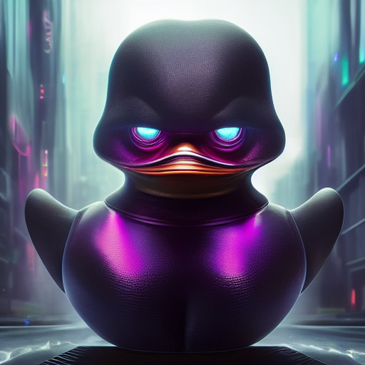 duck #409 | A angry looking blend of bird and rubber duck, large eyes, menacing look, professional majestic oil painting, 3d render, cgi, cyberpunk cyborg, sci - fi