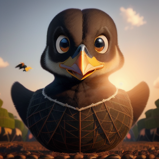 duck #837 | A energetic fearful black blend of duck and bird dressed like a farmer, from an adventure movie, rough, Christian Schloe, Seth MacFarlane, 3d fluffy, closeup cute and adorable