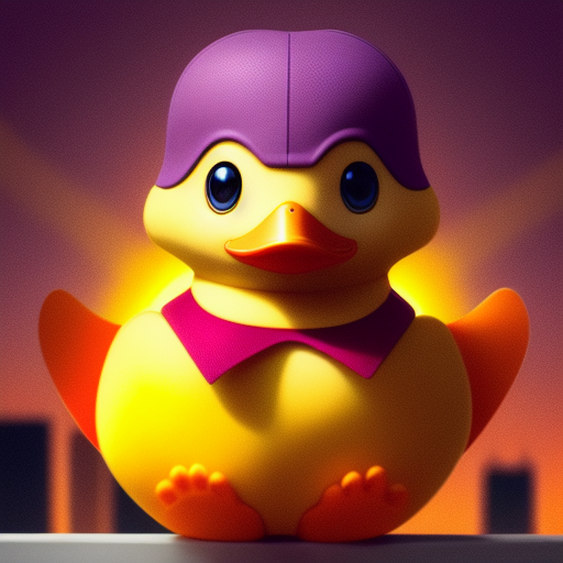 duck #603 | An adorable baby duckling dressed as a superhero, complete with a cape and a mask, ready to save the day, standing proudly on a skyscraper rooftop, overlooking a bustling city